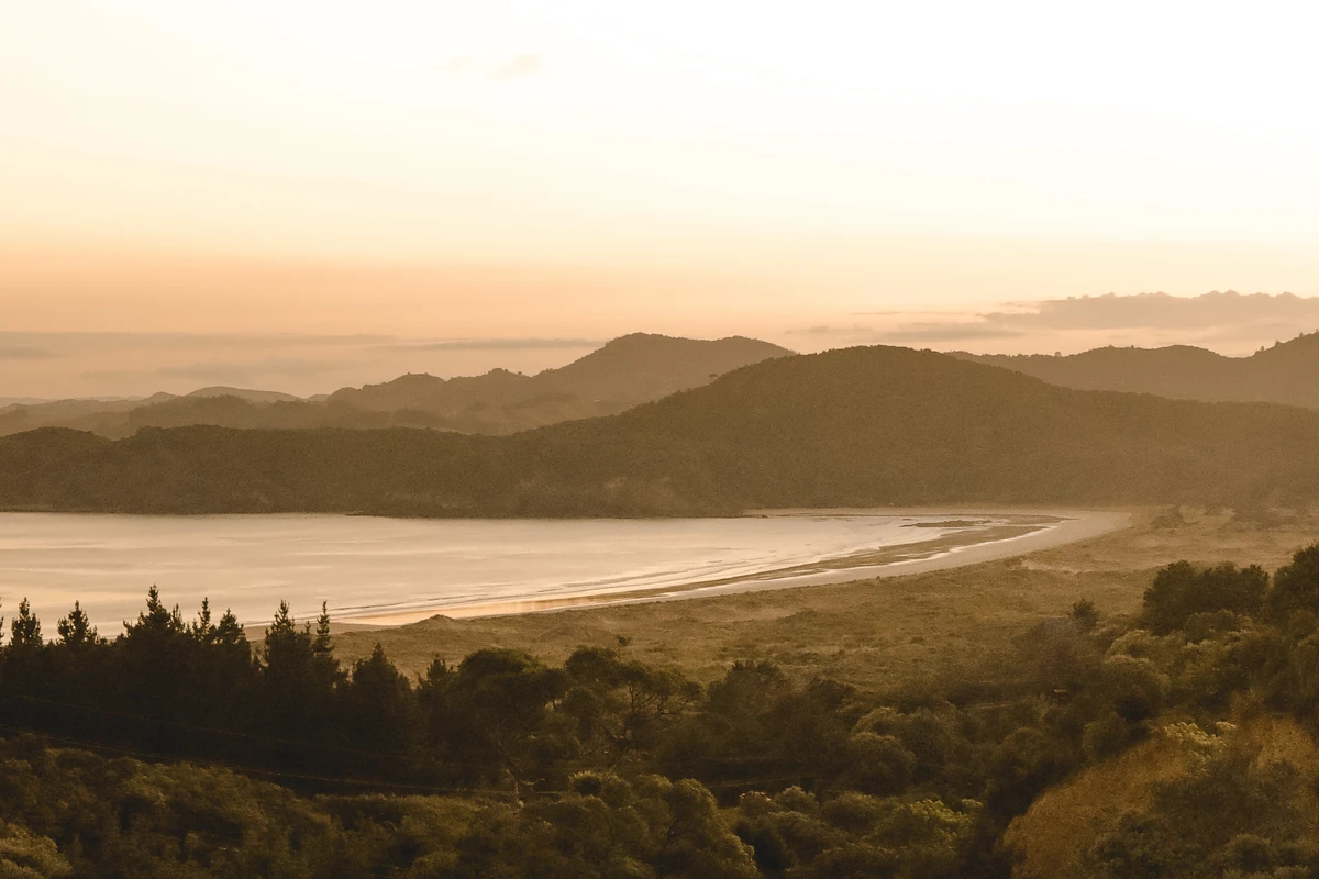 Golden evening light over a coastal bay, beach and wooded hills.
